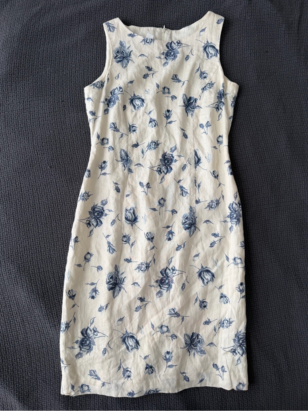 Vintage Talbots 100% Linen Sheath Dress 6 Blue White Floral Cottagecore Preppy
